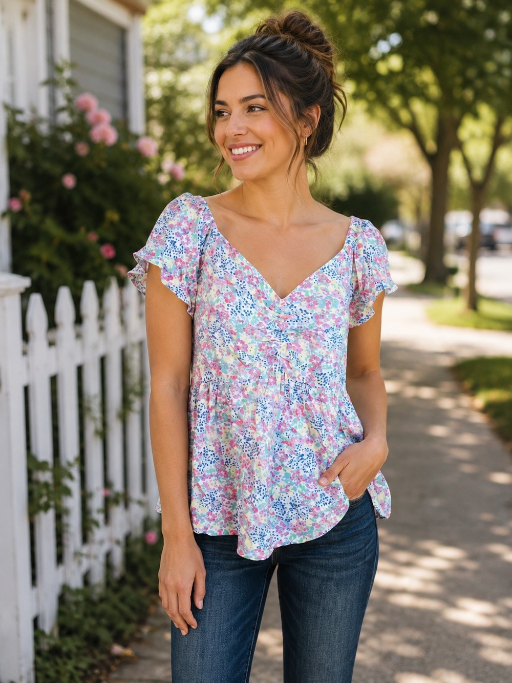 Japna Floral Babydoll Top Large Pastel Boho Cottagecore Rayon